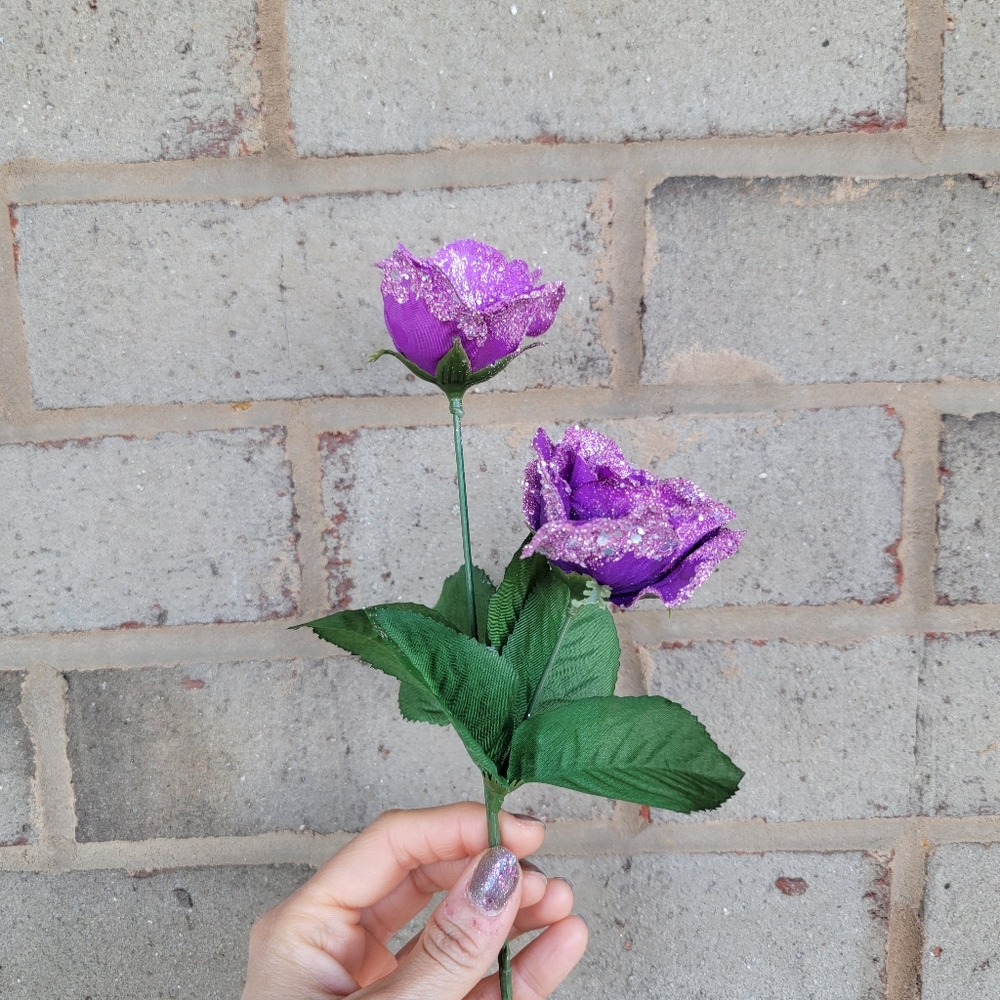 Handmade Purple Glitter Faux Rose Stems Artificial Flowers Sparkly Floral Decor